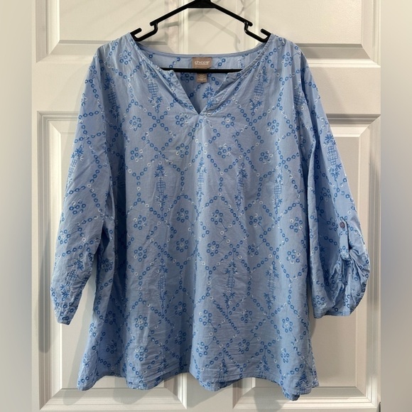 Chico's Tops - Chico's 100% Cotton Tunic Blouse Sz XL Embroidered Roll Tab Sleeve Cottage Core